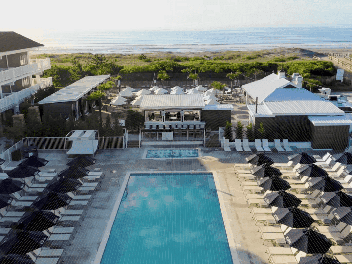 Aerial view of the outdoor heated pool at ICONA Avalon Resort